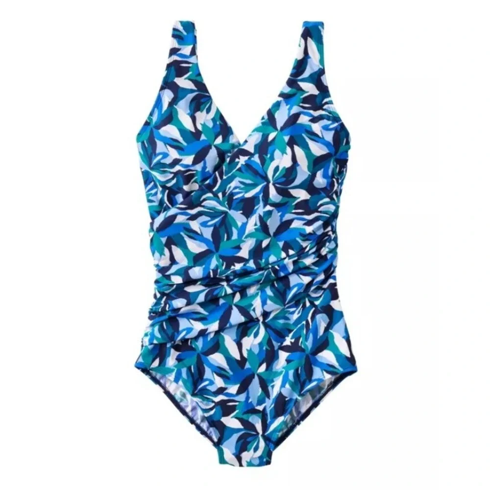 L.L. Bean One Piece Swimsuit Womens 22W Blue Floral Excellent Ruched Wrap Front